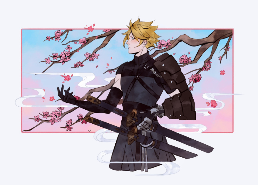 1boy absurdres arm_armor armor black_gloves blonde_hair branch cherry_blossoms cloud_strife cloud_strife_(murasame) commentary cropped_legs elbow_gloves final_fantasy final_fantasy_vii final_fantasy_vii_ever_crisis gloves hakama hakama_pants highres japanese_clothes katana male_focus official_alternate_costume open_hand pants parted_lips profile robasarel samurai sheath sheathed short_hair shoulder_armor solo spiky_hair sword weapon