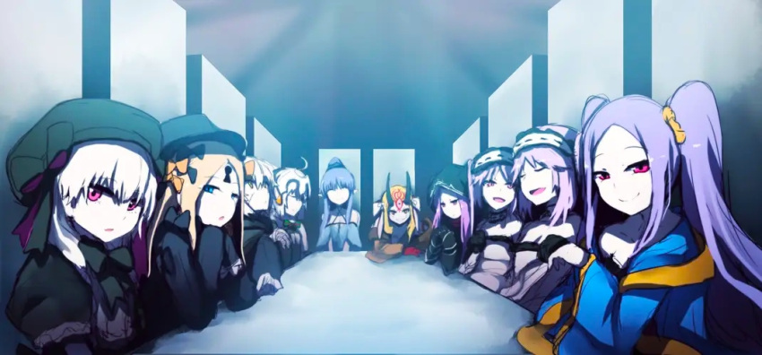 abigail_williams_(fate/grand_order) fate/apocrypha fate/grand_order fate_(series) horns ibaraki_douji_(fate/grand_order) jack_the_ripper_(fate/apocrypha) jeanne_d&amp;#039;arc_(alter)_(fate) long_hair long_table multiple_girls sitting table twintails