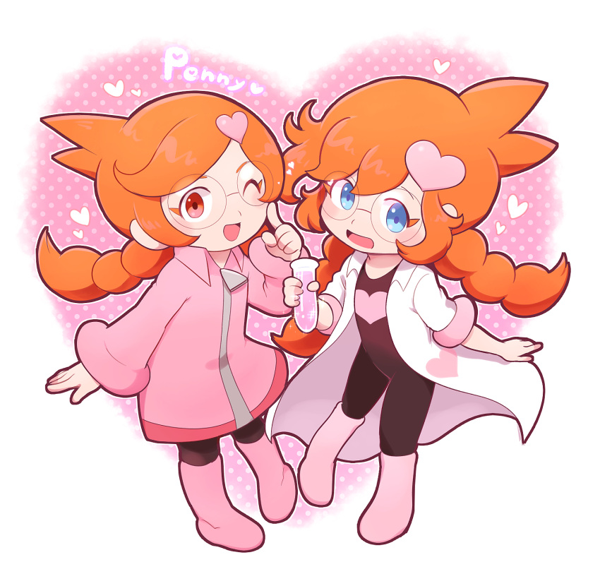 2girls black_bodysuit blue_eyes bodysuit braid coat glasses hair_ornament heart heart_hair_ornament highres holding holding_test_tube hoshi_(star-name2000) lab_coat long_hair looking_at_viewer low_twin_braids multiple_girls one_eye_closed open_mouth orange_hair penny_crygor pink_coat pink_eyes pink_footwear round_eyewear test_tube twin_braids warioware