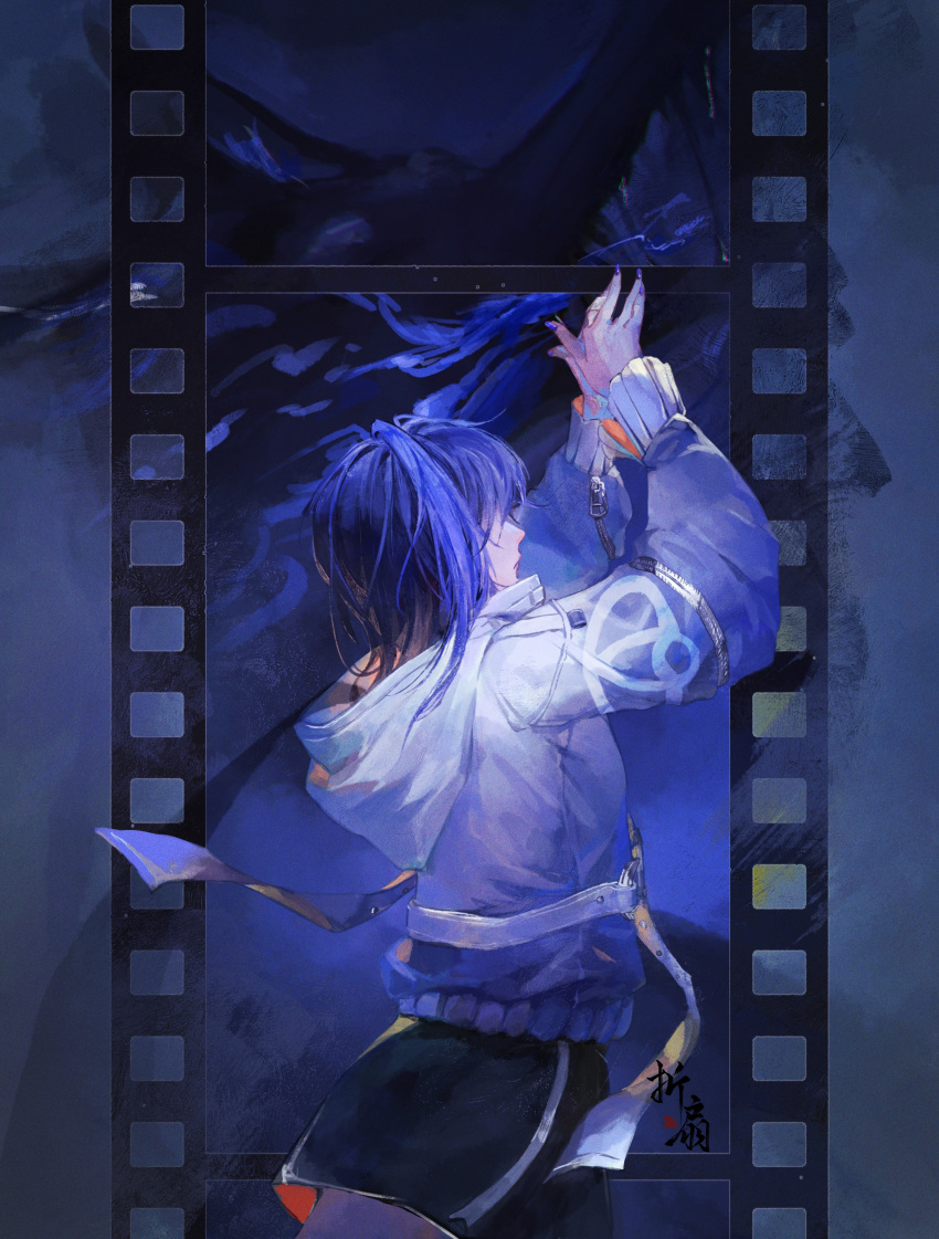 1girl abstract_background absurdres black_shorts blue_hair blue_nails chinese_commentary commentary cowboy_shot crache_(path_to_nowhere) film_strip from_side hair_over_eyes highres hood hood_down hooded_jacket jacket medium_hair nail_polish own_hands_together path_to_nowhere profile shorts signature solo white_jacket zheshanshan zipper zipper_pull_tab
