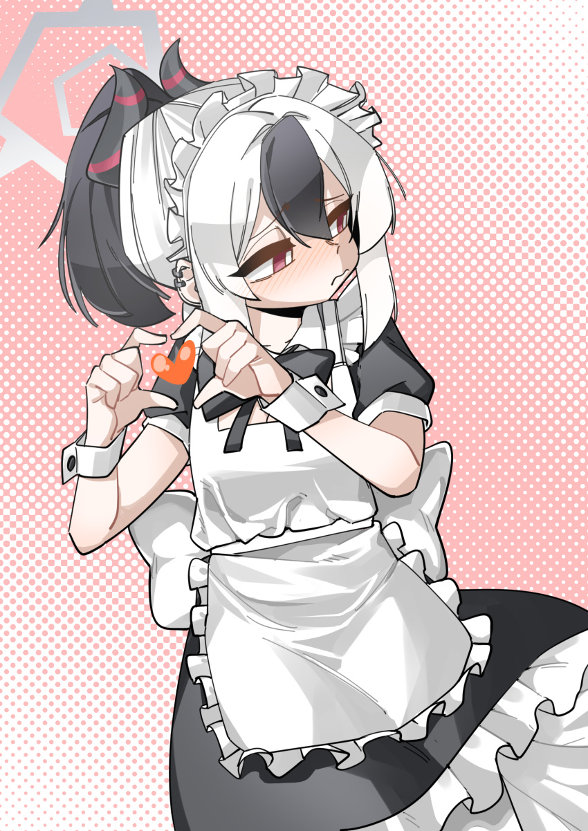 1girl absurdres alternate_costume apron black_dress black_hair blue_archive closed_mouth commentary_request demon_girl demon_horns dress ear_piercing enmaided fey_(whitepaper) frilled_apron frills grey_halo hair_between_eyes halo heart heart_hands highres horns kayoko_(blue_archive) korean_commentary looking_to_the_side maid multicolored_hair piercing ponytail puffy_short_sleeves puffy_sleeves red_eyes short_sleeves solo two-tone_hair white_apron white_hair wrist_cuffs