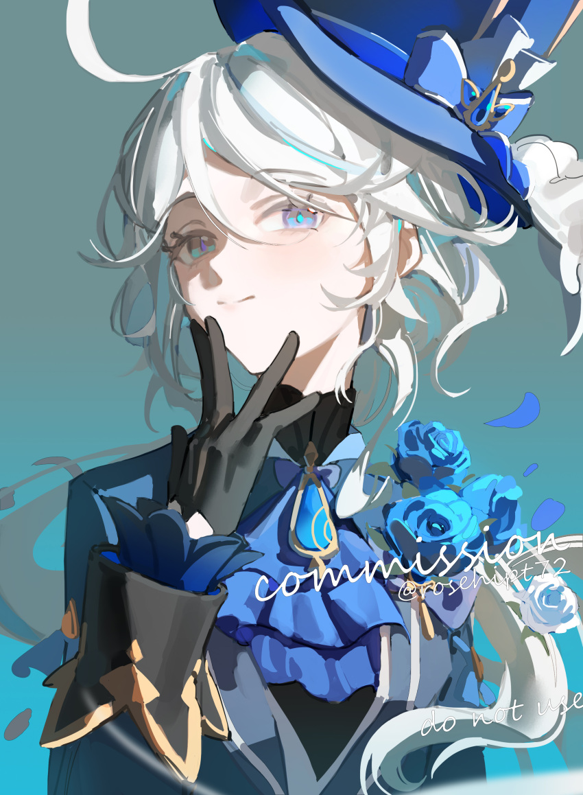 1girl absurdres ahoge ascot black_gloves black_shirt blue_ascot blue_background blue_eyes blue_headwear blue_jacket brooch closed_mouth commission furina_(genshin_impact) genshin_impact gloves hair_between_eyes hand_to_own_mouth hand_up hat heterochromia highres jacket jewelry long_hair long_sleeves open_clothes open_jacket rosehip_t72 shirt sidelocks simple_background smile solo top_hat twitter_username upper_body violet_eyes watermark white_hair