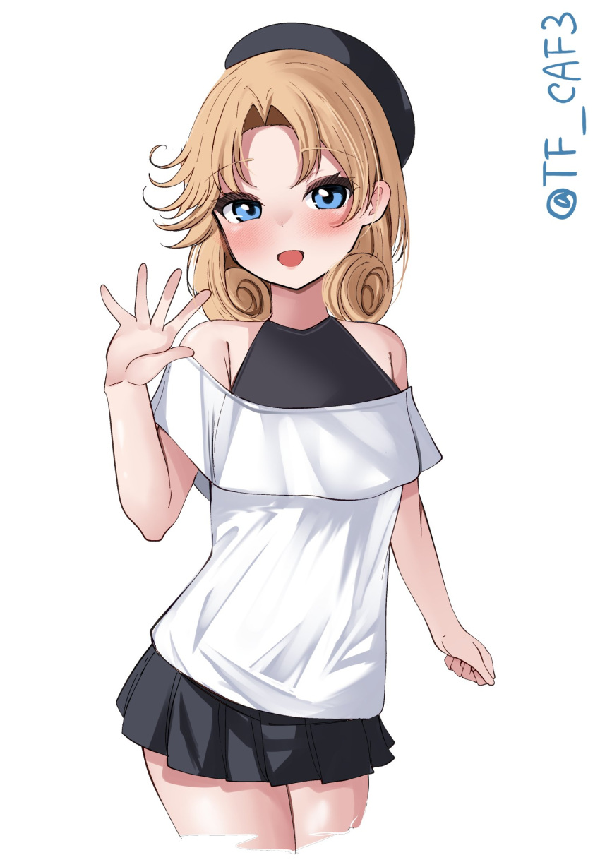 1girl alternate_costume beret black_headwear black_skirt blonde_hair blue_eyes blush breasts casual cowboy_shot frills hat highres janus_(kancolle) kantai_collection looking_at_viewer one-hour_drawing_challenge open_mouth shirt short_hair skirt small_breasts smile solo tf_cafe twitter_username white_background white_shirt