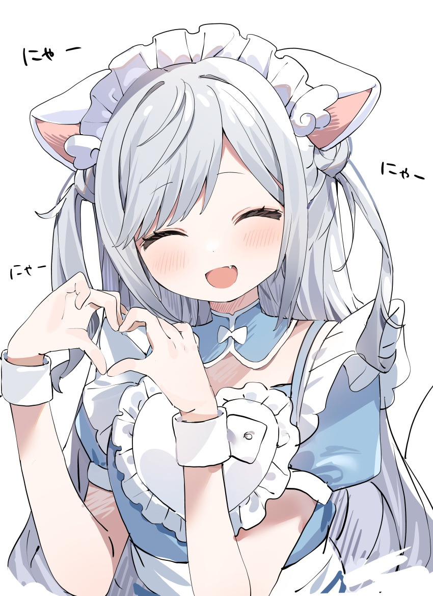 1girl absurdres animal_ears apron closed_eyes commentary_request copyright_request fake_animal_ears fang grey_hair heart heart_hands highres inuyayo long_hair maid maid_apron maid_headdress simple_background smile solo translation_request upper_body white_background