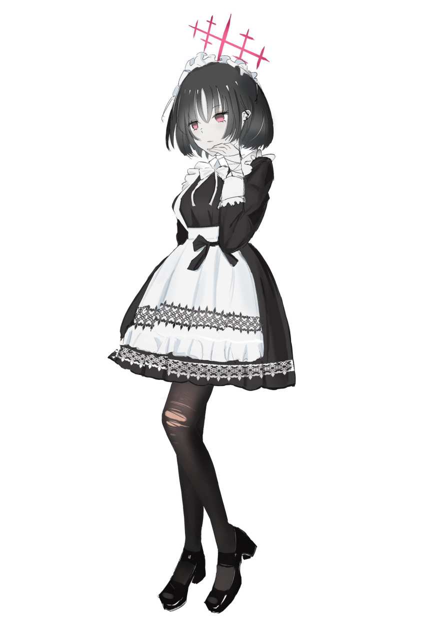 1girl alternate_costume apron bandages bellisword black_dress black_footwear black_hair blue_archive dress enmaided full_body halo highres maid maid_apron maid_headdress misaki_(blue_archive) pantyhose red_eyes red_halo short_hair solo torn_clothes torn_pantyhose