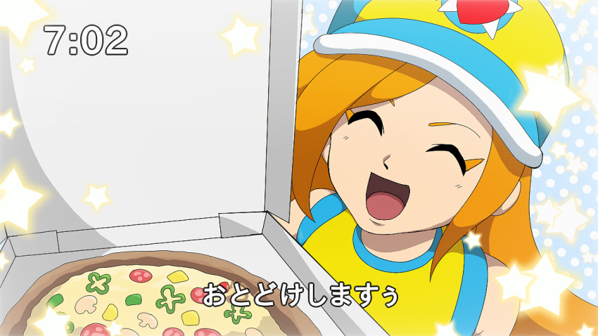 1girl baseball_cap closed_eyes food hat holding holding_food holding_pizza hoshi_(star-name2000) long_hair mona_(warioware) mushroom open_mouth orange_hair pepperoni pizza pizza_box pizza_delivery shirt sleeveless sleeveless_shirt star_(symbol) warioware warioware:_twisted! yellow_shirt