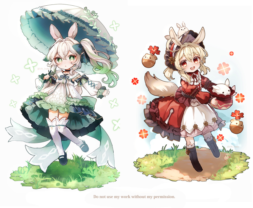 2girls alternate_costume animal_ears animal_on_head black_bow black_footwear blonde_hair boots bow bright_pupils brown_footwear child clover commentary cross-shaped_pupils detached_sleeves dodoco_(genshin_impact) dot_nose dress frilled_dress frills full_body genshin_impact gradient_hair grass green_eyes green_hair hair_between_eyes hair_bow hair_intakes hat highres holding holding_umbrella ichiyume_ichiyu jumpy_dumpty klee_(genshin_impact) long_dress long_hair long_sleeves looking_at_viewer medium_hair multicolored_hair multiple_girls nahida_(genshin_impact) on_head open_mouth parted_lips puffy_long_sleeves puffy_sleeves rabbit_ears rabbit_tail red_dress red_eyes red_headwear side_ponytail sidelocks simple_background sleeveless sleeveless_dress smile standing standing_on_one_leg symbol-only_commentary symbol-shaped_pupils tail thigh-highs umbrella white_background white_dress white_hair white_pupils white_sleeves white_thighhighs