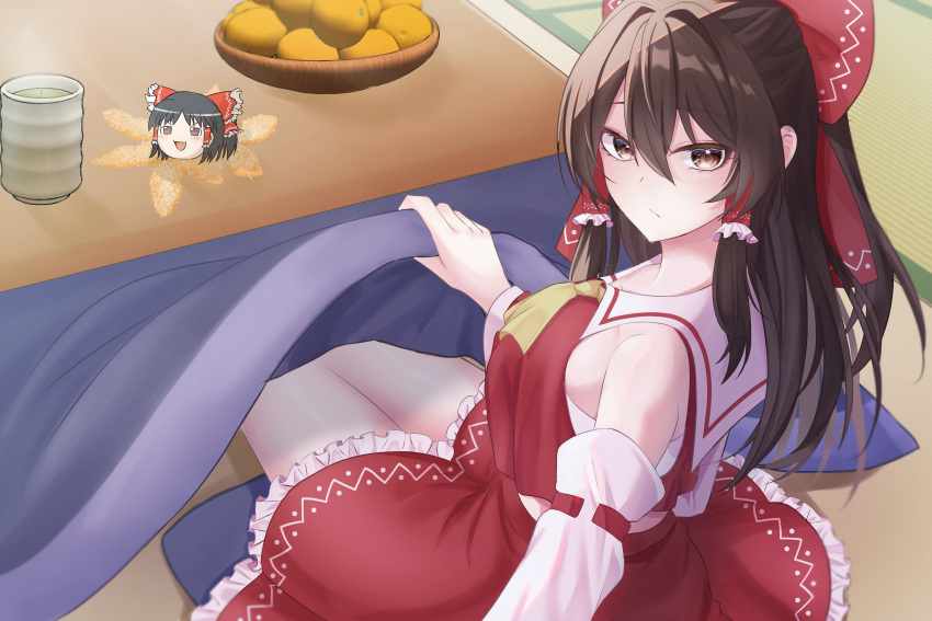 1girl absurdres ascot bow breasts brown_eyes brown_hair closed_mouth commentary_request cup cushion detached_sleeves food frilled_bow frilled_hair_tubes frills fruit hair_between_eyes hair_bow hair_tubes hakurei_reimu highres kotatsu kotatsu_invitation long_hair looking_at_viewer mandarin_orange open_mouth red_bow red_skirt ribbon-trimmed_sleeves ribbon_trim sitting skirt skirt_set solo steam table tatami tea touhou under_kotatsu under_table wa_layla yellow_ascot yukkuri_shiteitte_ne yunomi