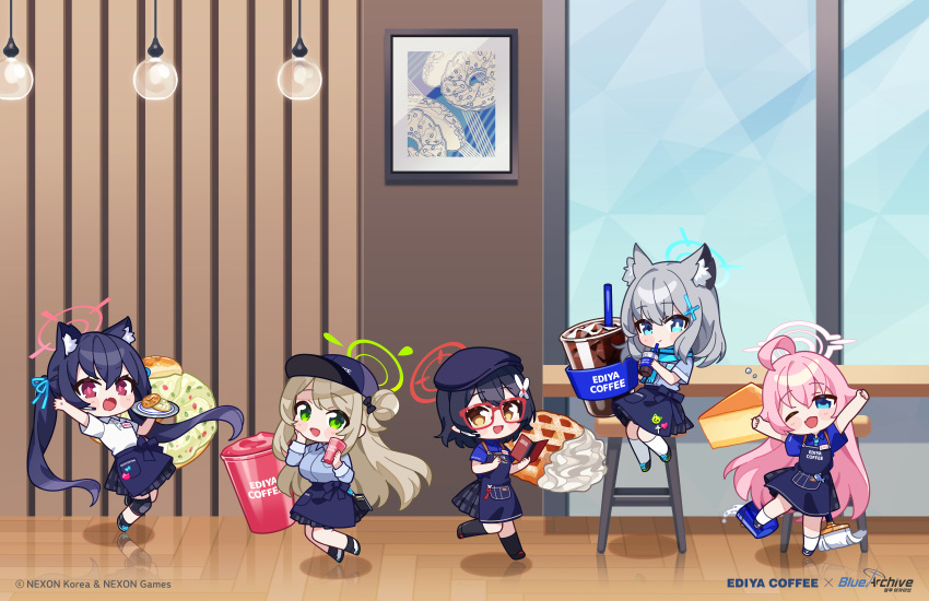 5girls absurdres ahoge animal_ears artist_request ayane_(blue_archive) black_footwear black_hair black_headwear black_skirt black_socks blue_archive blue_eyes blue_halo blue_shirt blush bucket cake cake_slice cat_ears closed_mouth coffee collared_shirt cross_hair_ornament doughnut drinking_straw ediya_coffee extra_ears fang food glasses green_halo grey_hair hair_between_eyes hair_ornament halo hat highres hoshino_(blue_archive) light_brown_hair long_hair medium_hair mismatched_pupils mop multiple_girls nonomi_(blue_archive) official_art one_eye_closed open_mouth pink_hair pink_halo pleated_skirt pointy_ears red-framed_eyewear red_eyes red_halo serika_(blue_archive) shiroko_(blue_archive) shirt shoes short_hair skirt smile socks waffle white_footwear white_shirt white_socks wolf_ears yellow_eyes