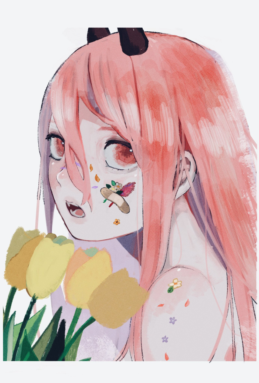 1girl bandaid bandaid_on_cheek bandaid_on_face bare_shoulders chainsaw_man commentary flower from_side gurukousu hair_between_eyes highres horns long_hair looking_at_viewer open_mouth pink_eyes pink_hair portrait power_(chainsaw_man) solo tulip