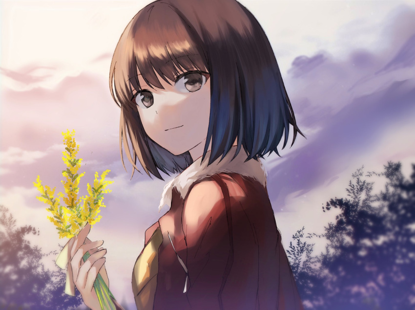 1girl arms_at_sides bomber_jacket brown_eyes brown_hair closed_mouth clouds cloudy_sky d_twt_b evening flower from_side fur-trimmed_jacket fur_trim hair_between_eyes highres holding holding_flower jacket kara_no_kyoukai looking_at_viewer medium_hair open_clothes open_jacket outdoors red_jacket ryougi_shiki shirt sky smile solo tree upper_body yellow_flower yellow_shirt