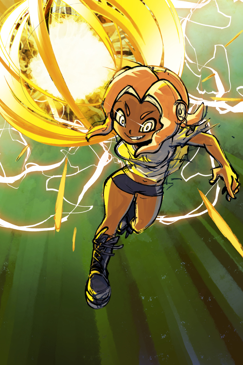 1girl bike_shorts black_footwear black_shorts boots booyah_bomb_(splatoon) breasts cross-laced_footwear energy_ball highres knee_boots lace-up_boots medium_breasts medium_hair muramasa_mikado navel octoling_girl octoling_player_character orange_hair shirt short_sleeves shorts smile solo splatoon_(series) suction_cups tentacle_hair white_eyes white_shirt