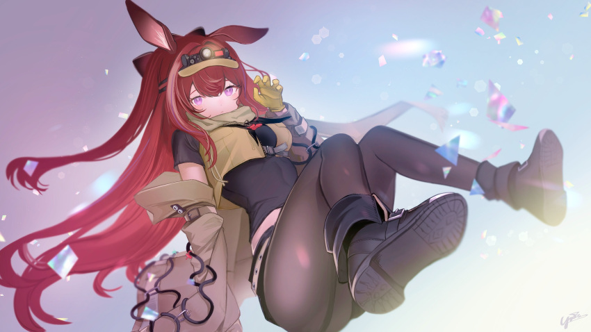 1girl absurdres animal_ears arknights black_footwear black_pantyhose black_shirt blush boots breasts brown_jacket brown_scarf brown_vest closed_mouth cropped_shirt cropped_vest dot_nose dutch_angle full_body gloves gradient_background headlamp highres jacket looking_at_viewer medium_breasts midriff off_shoulder one_side_up open_clothes open_jacket pantyhose rabbit_ears rabbit_girl ray_(arknights) redhead scarf shirt short_sleeves signature solo vest violet_eyes yellow_gloves yunnasu