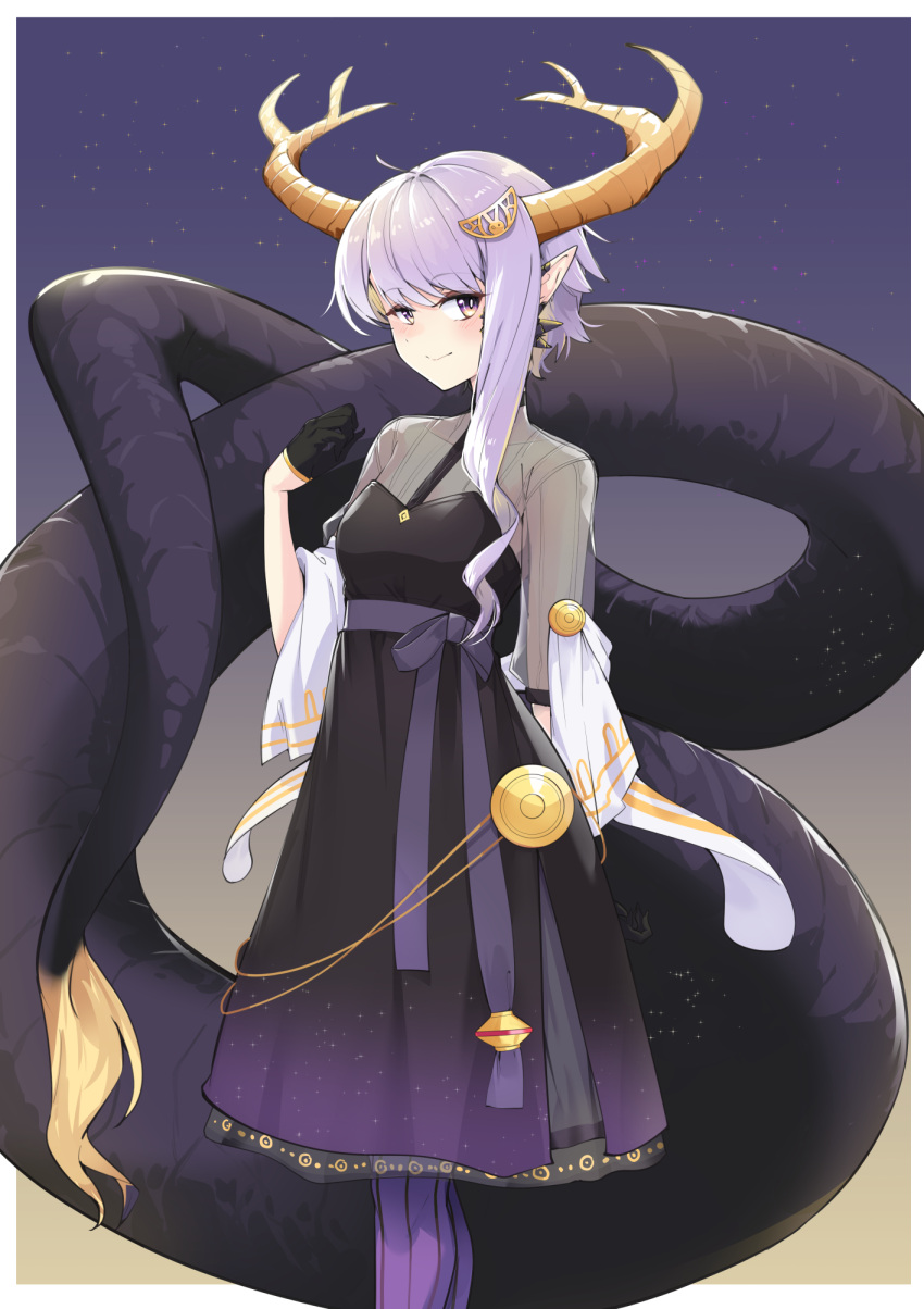 1girl antlers arm_behind_back asymmetrical_hair black_dress black_gloves blonde_hair blush breasts cevio closed_mouth dragon_girl dragon_horns dragon_tail dress feet_out_of_frame fur-tipped_tail gloves gradient_background gradient_dress grey_background hair_ornament hairclip half_gloves hand_up highres horns layered_dress light_particles looking_at_viewer multicolored_eyes multicolored_hair outside_border pantyhose pointy_ears purple_background purple_dress purple_hair purple_pantyhose scales scar scar_on_face see-through see-through_dress see-through_sleeves shawl short_hair_with_long_locks short_sleeves smile solo standing streaked_hair tail two-tone_hair violet_eyes vocaloid voiceroid yellow_background yellow_eyes yellow_horns yuzuki_yukari yuzuki_yukari_(rei) zooanime