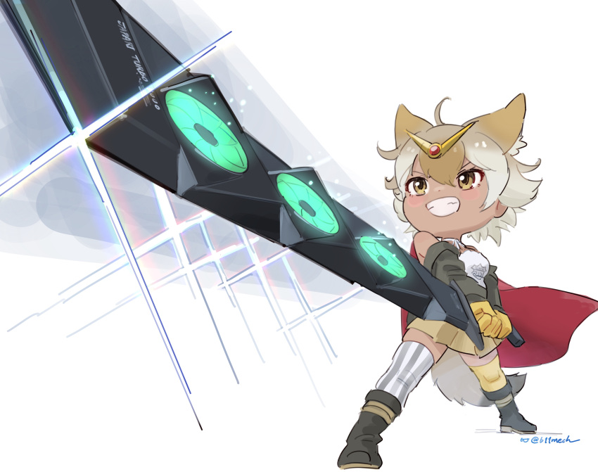 absurdres animal_ears beleven blonde_hair boots camisole cloak coyote_(kemono_friends) extra_ears gloves hair_ornament highres jacket kemono_friends kemono_friends_v_project parody short_hair skirt sunrise_stance sword tail thigh-highs virtual_youtuber weapon wolf_ears wolf_girl wolf_tail yellow_eyes