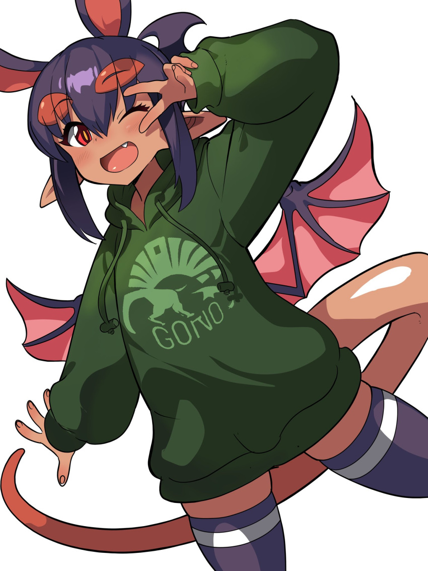 1girl aku-yome animal_ears blush dark-skinned_female dark_skin demon_girl demon_wings drawstring fang green_hoodie highres hood hood_down hoodie leaning_to_the_side looking_at_viewer low_wings matsuda_yuusuke one_eye_closed open_mouth original oversized_clothes pointy_ears print_hoodie purple_hair purple_thighhighs red_eyes simple_background solo standing standing_on_one_leg tail thigh-highs v white_background wings