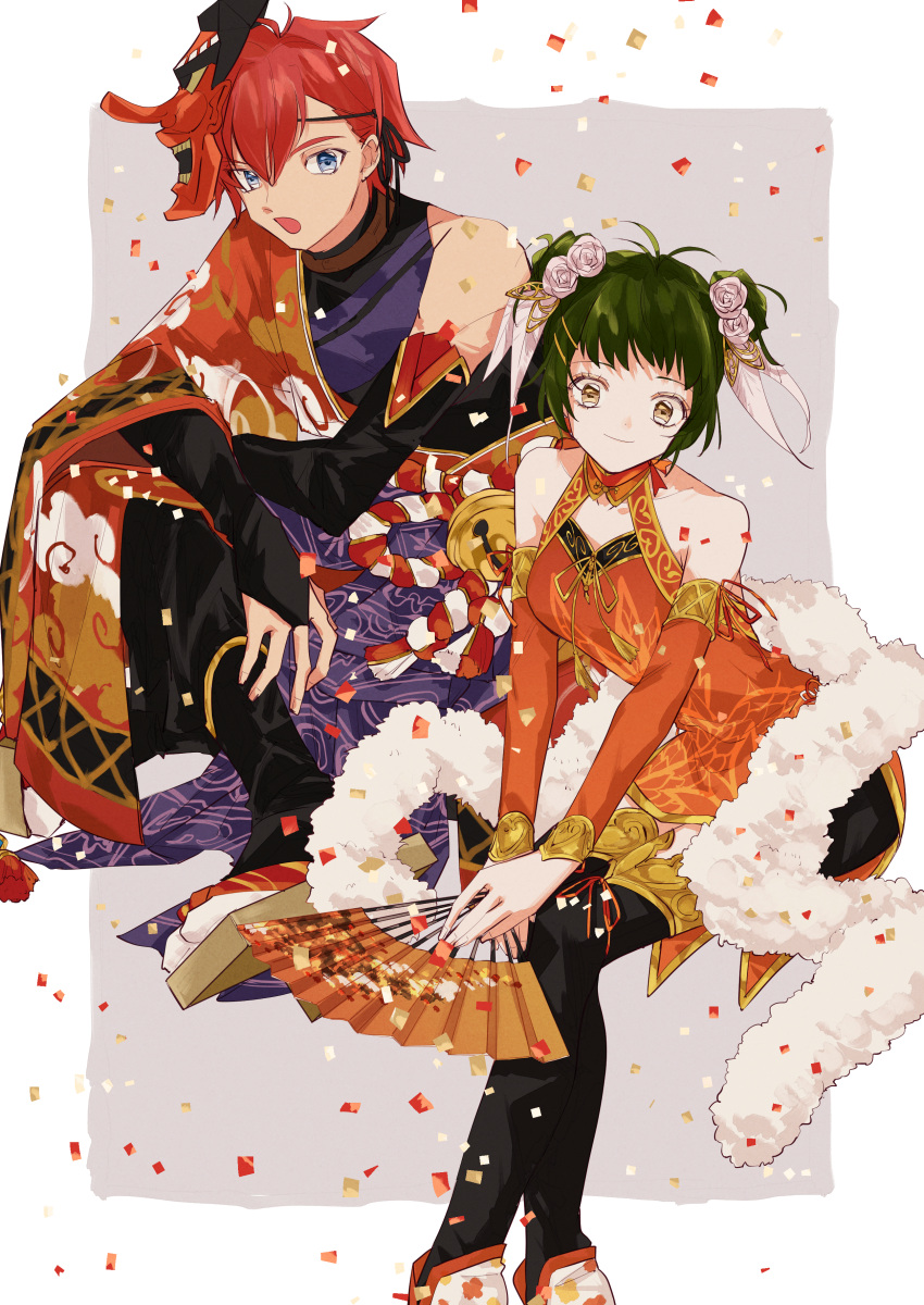 1boy 1girl absurdres bare_shoulders blue_eyes brown_eyes china_dress chinese_clothes clothing_cutout confetti crossed_legs detached_sleeves double_bun dress farah_oersted flower folding_fan fur_trim green_hair hair_bun hair_flower hair_ornament hairclip hand_fan highres holding holding_fan japanese_clothes kimono looking_at_viewer mask mask_on_head off_shoulder official_alternate_costume open_mouth orange_dress redhead reid_hershel sandals short_hair sitting smile tales_of_(series) tales_of_eternia tengu_mask thigh-highs youme_xz