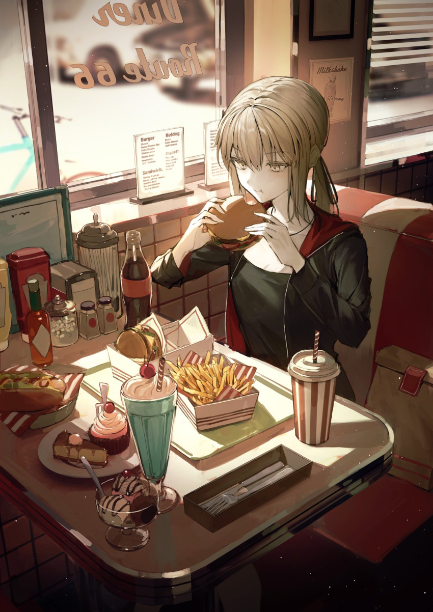 1girl :t black_jacket black_shirt booth_seating brown_eyes burger diner drink eating food french_fries hair_between_eyes highres holding holding_food hood hood_down hooded_jacket indoors jacket light_brown_hair long_hair low_ponytail open_clothes open_jacket original shirt sidelocks sitting solo table tamitami window window_blinds