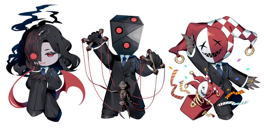1girl 2boys absurdres arm_up black_coat black_hair black_jacket black_pants blue_necktie claws coat collared_shirt elena_(project_moon) full_body hat highres jack-in-the-box jacket jae-heon jester_cap library_of_ruina looking_at_viewer mask mask_over_one_eye medium_hair multiple_boys necktie oswald_(project_moon) pants parted_lips project_moon puppet_(library_of_ruina) red_eyes shanhujiao shirt simple_background smile white_background white_shirt
