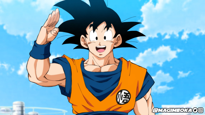 1boy anime_coloring arm_up building clouds collarbone commentary dougi dragon_ball english_commentary highres instagram_logo magimeoka muscular muscular_male open_mouth pectorals smile solo son_goku twitter_logo watermark
