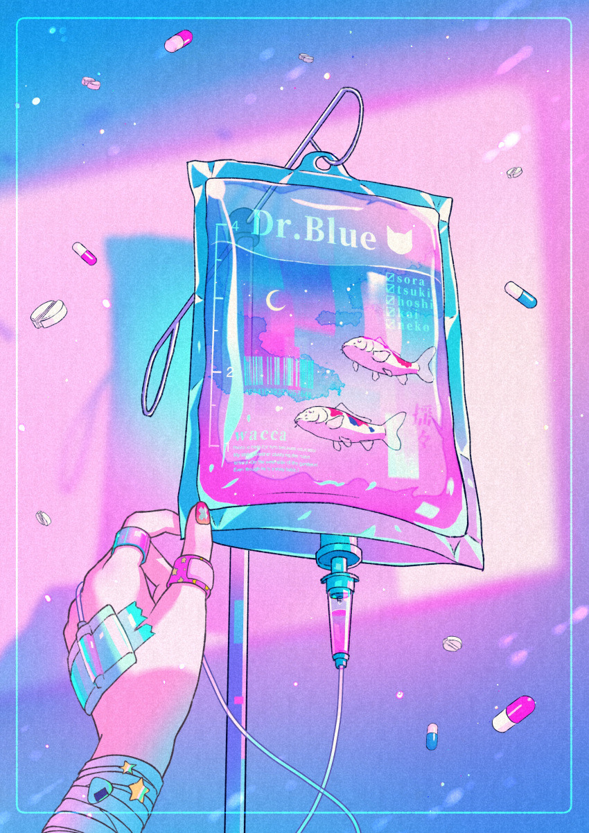 1girl absurdres bandaged_arm bandages bandaid barcode crescent_moon fish highres indoors intravenous_drip jewelry koi medicine moon original pill pink_nails ring solo wacca005