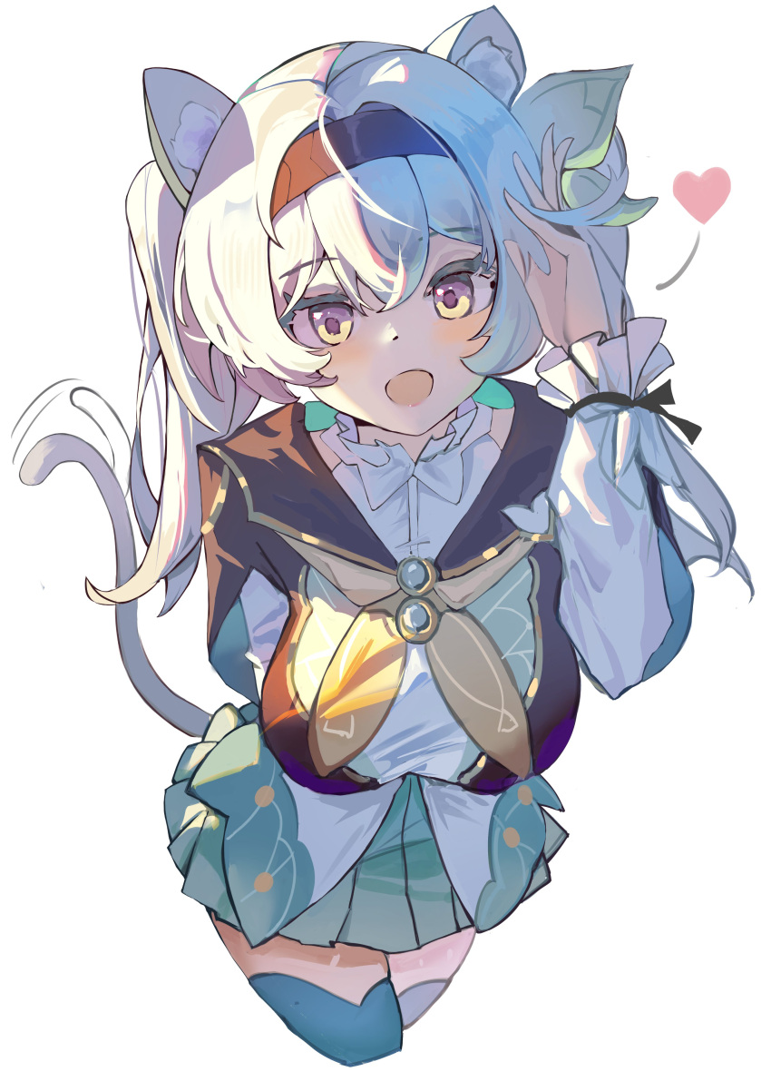 1girl :d absurdres animal_ears arm_behind_back black_hairband black_jacket blue_skirt blue_thighhighs blush bow breasts cat_ears cat_girl cat_tail collared_shirt cropped_jacket cropped_legs firefly_(honkai:_star_rail) green_bow grey_hair hair_between_eyes hair_bow hair_intakes hairband hand_on_own_head hand_up heart highres honkai:_star_rail honkai_(series) hua_(yijing) jacket kemonomimi_mode large_breasts legs_together long_hair long_sleeves looking_at_viewer miniskirt neckerchief open_mouth orange_neckerchief pleated_skirt shirt sidelocks simple_background skirt smile solo tail thigh-highs thighs twintails violet_eyes white_background white_shirt zettai_ryouiki