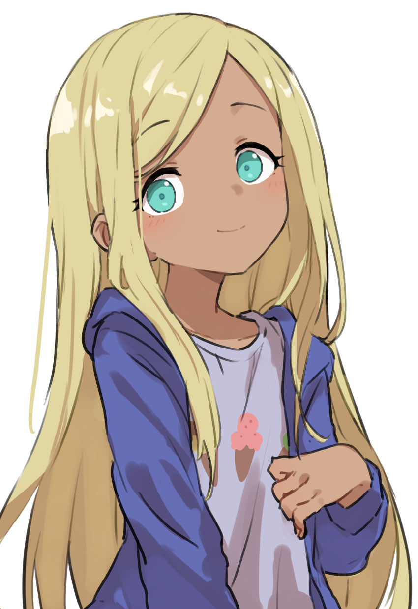 1girl absurdres aqua_eyes blonde_hair blue_jacket blush breasts closed_mouth collarbone commentary dark-skinned_female dark_skin dot_nose gazacy_(dai) hand_up highres ice_cream_print idolmaster idolmaster_cinderella_girls idolmaster_cinderella_girls_starlight_stage jacket layla_(idolmaster) long_hair long_sleeves looking_at_viewer open_clothes open_jacket print_shirt purple_shirt shirt simple_background small_breasts smile solo upper_body white_background