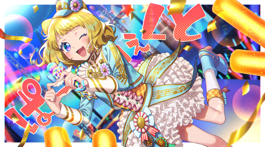 1girl ;d audience blonde_hair blue_eyes blue_footwear blue_headwear blue_jacket blunt_bangs boots border commentary_request concert cone_hair_bun cropped_jacket dolustoy double_bun frilled_skirt frills glowstick hair_bun hat heart heart_hands highres idol idol_clothes jacket long_sleeves looking_at_viewer minami_mirei mini_hat musical_note musical_note_print one_eye_closed open_mouth penlight_(glowstick) pretty_series pripara short_hair skirt smile solo stage standing standing_on_one_leg translation_request white_border white_skirt