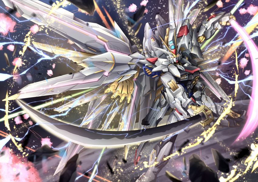 beam_saber commentary dual_wielding electricity energy_sword gundam gundam_seed gundam_seed_freedom highres holding holding_sword holding_weapon katana light_particles looking_at_viewer mecha mighty_strike_freedom_gundam mobile_suit no_humans robot science_fiction solo sword troy_(oxaa01ex) v-fin weapon yellow_eyes