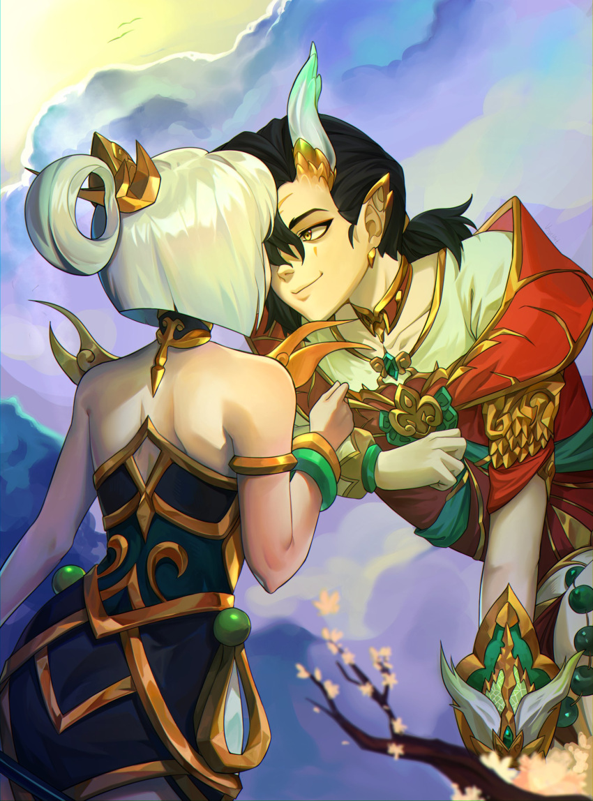 1boy 1girl absurdres armlet bare_shoulders black_dress black_hair bracelet branch closed_mouth clouds collarbone dress earrings eye_contact ezreal facing_another hair_between_eyes hair_rings hand_up heavenscale_ezreal highres jewelry league_of_legends looking_at_another lunar_empress_lux lux_(league_of_legends) official_alternate_costume outdoors shirt smile vogel_(itsvogelart)