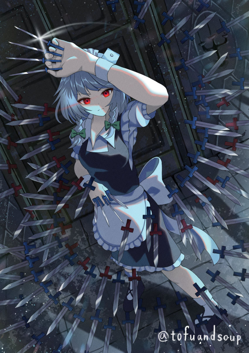 1girl absurdres apron between_fingers bow braid closed_mouth commentary eye_trail frown glint glowing glowing_eyes green_bow grey_hair hair_bow highres holding holding_knife izayoi_sakuya knife knives_between_fingers light_trail maid maid_headdress red_eyes solo tofuandsoup touhou twin_braids twitter_username waist_apron