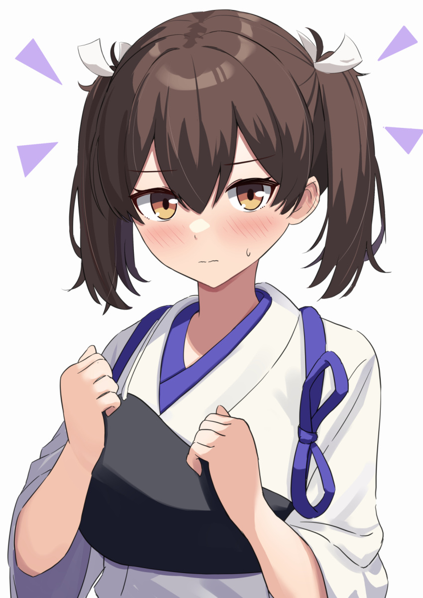 1girl alternate_hairstyle amenocchi blush brown_eyes brown_hair clenched_hands commentary_request embarrassed hair_between_eyes hair_ribbon hands_up highres japanese_clothes kaga_(kancolle) kantai_collection kimono looking_at_viewer medium_hair nervous ribbon solo twintails upper_body wavy_mouth white_background white_kimono white_ribbon yellow_eyes