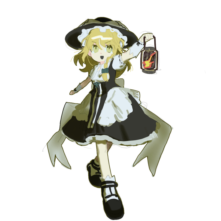 1girl aqua_bow black_dress black_footwear black_headwear blonde_hair bow braid breasts chinese_commentary commentary_request dress frilled_hat frills full_body gangjixihuankecp hair_bow hat holding holding_lantern kirisame_marisa lantern long_hair open_mouth puffy_short_sleeves puffy_sleeves ribbon-trimmed_sleeves ribbon_trim short_sleeves side_braid simple_background single_braid small_breasts smile socks solo touhou v-shaped_eyebrows white_background white_socks yellow_eyes
