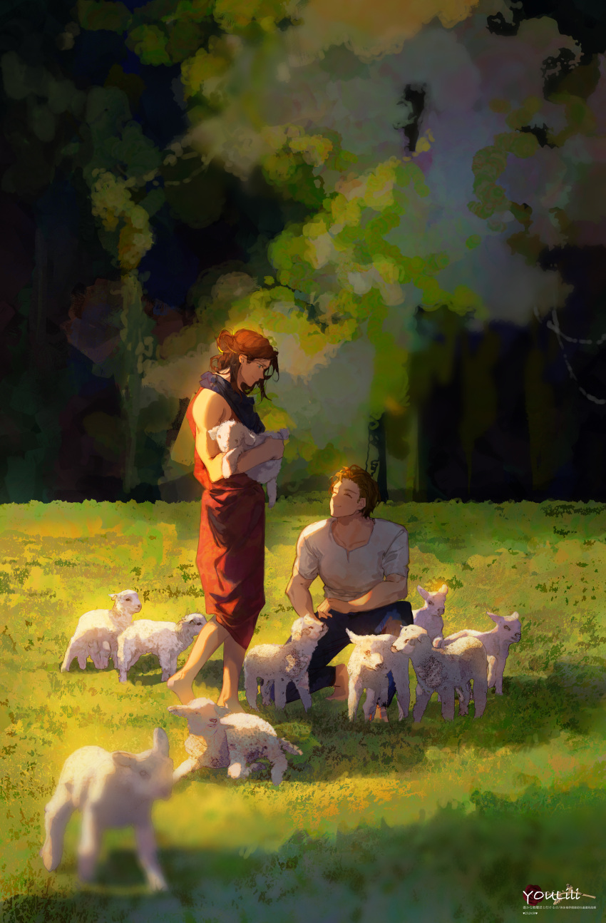 1boy 1girl absurdres animal artist_name barefoot blue_capelet blue_eyes blue_pants blurry brown_hair capelet chinese_commentary closed_eyes closed_mouth day depth_of_field dress grass hair_bun highres holding holding_animal kneeling medium_hair muscular muscular_male original outdoors pants profile red_dress sheep shirt short_hair smile standing strapless strapless_dress sunlight tree white_shirt youlili