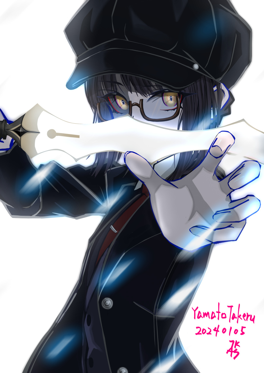 1other absurdres androgynous black_hair black_jacket braid cabbie_hat character_name collared_shirt covering_own_mouth dated fate/grand_order fate_(series) glasses hat highres holding holding_sword holding_weapon jacket looking_at_viewer necktie reaching reaching_towards_viewer red-framed_eyewear red_necktie shirt sidelocks simple_background suit_jacket sword tsukaasa vest weapon white_background yamato_takeru_(fate) yamato_takeru_(second_ascension)_(fate)