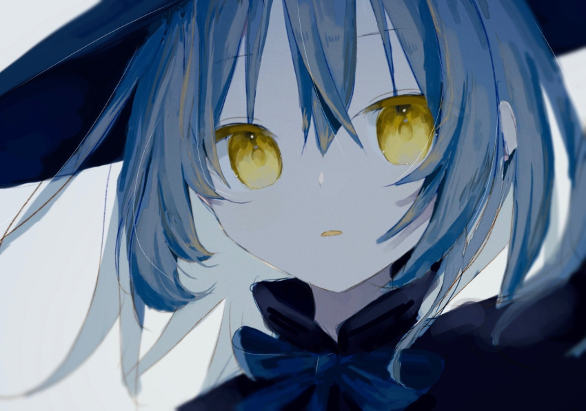 1girl black_headwear black_shirt blue_hair blue_ribbon chihono_0 close-up collared_shirt hair_between_eyes hat highres long_hair looking_at_viewer neck_ribbon open_mouth original portrait ribbon shirt sidelocks simple_background solo white_background yellow_eyes