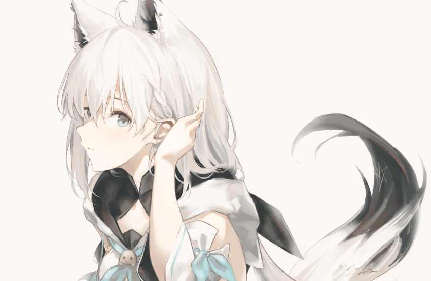 1girl absurdres ahoge animal_ear_fluff animal_ears black_ribbon blue_eyes blue_neckerchief braid commentary detached_sleeves earrings expressionless extra_ears fox_ears fox_girl fox_tail from_side hair_between_eyes hair_ribbon hand_on_own_ear highres hololive hood hoodie jewelry kyoko_(zeprii4) long_hair looking_at_viewer low_ponytail neckerchief pentagram ribbon shirakami_fubuki shirakami_fubuki_(1st_costume) side_braid sidelocks signature simple_background single_earring solo symbol-only_commentary tail virtual_youtuber white_background white_hair white_hoodie white_sleeves wide_sleeves