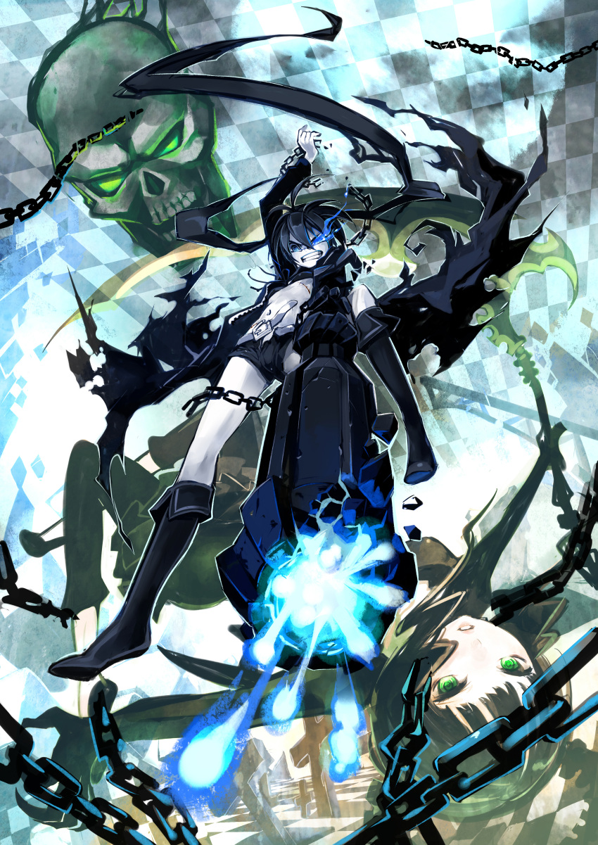 absurdres arm_cannon bikini_top black_hair black_rock_shooter black_rock_shooter_(character) blue_eyes boots chain clenched_teeth coat dead_master gin_(oyoyo) glowing glowing_eyes highres horns long_hair midriff multiple_girls navel pale_skin scar shorts skull tears twintails very_long_hair weapon
