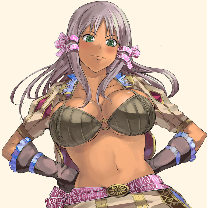 atelier_totori belt bikini_top blush breasts cleavage dark_skin fura gloves green_eyes hair_ribbon hands_on_hips large_breasts long_hair mervia_siebel midriff o-ring_top open_clothes open_shirt ribbon shirt silver_hair simple_background smile solo underboob