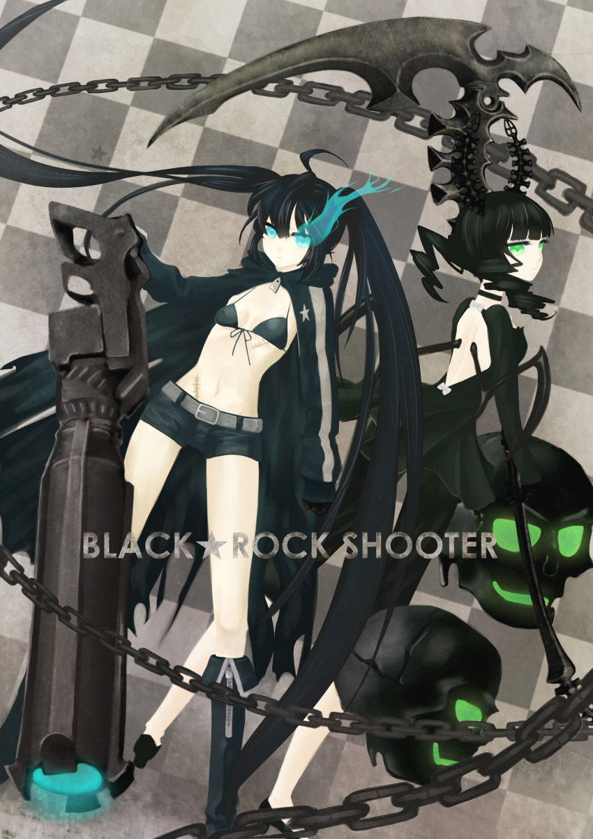 absurdres arm_cannon bikini_top black_dress black_hair black_rock_shooter black_rock_shooter_(character) blue_eyes boots chain coat curly_hair dead_master dress glowing glowing_eyes green_eyes highres horns ladybird8n long_hair midriff multiple_girls navel scar shorts twintails very_long_hair weapon