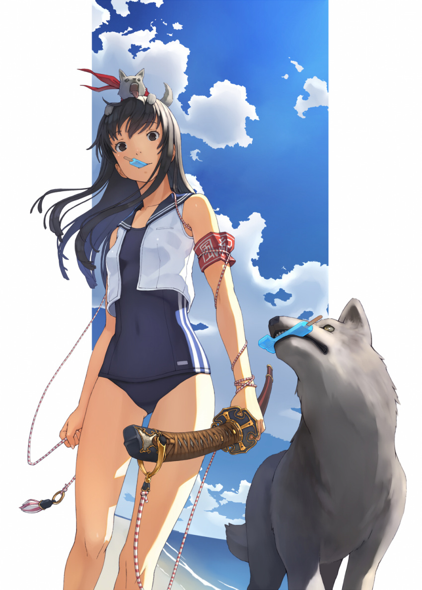 armband black_eyes black_hair eating highres jacket katana long_hair no_pants object_on_head one-piece_swimsuit open_clothes original popsicle sailor_collar school_swimsuit school_uniform serafuku shizuma_yoshinori solo swimsuit swimsuit_under_clothes sword vest weapon wolf