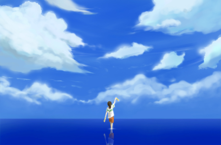 cloud clouds from_behind ghibli highres holding ocean ogino_chihiro reflection scenery sen_to_chihiro_no_kamikakushi sky solo studio_ghibli takapashi wading wallpaper water