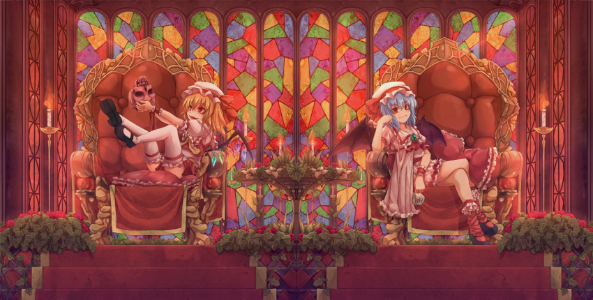 arkas bat_wings blonde_hair blue_hair candle flandre_scarlet hat mary_janes multiple_girls ponytail red_eyes remilia_scarlet shoes short_hair siblings side_ponytail sisters skull thigh-highs thighhighs throne touhou white_legwear white_thighhighs wings