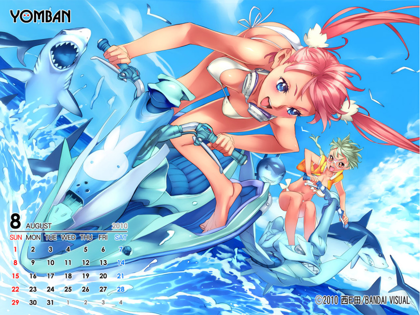 2girls barefoot bikini bird braid calendar feet glasses goggles green_hair jet_ski legs multiple_girls nishieda ocean open_mouth original pink_hair seagull shark swimsuit twintails yomban