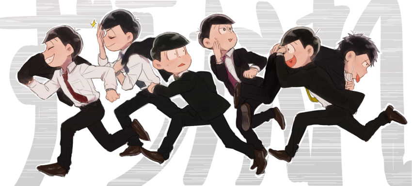 6+boys :&lt; :3 black_hair closed_eyes formal half-closed_eyes hand_on_own_cheek hand_over_face jacket jacket_on_shoulders jacket_removed jitome looking_away male_focus matsuno_choromatsu matsuno_ichimatsu matsuno_juushimatsu matsuno_karamatsu matsuno_osomatsu matsuno_todomatsu messy_hair multiple_boys osomatsu-kun osomatsu-san over_shoulder running sextuplets smile suit surgical_mask sweatdrop tongue tongue_out watch watch