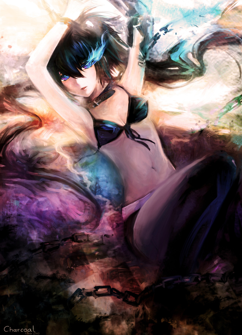 bikini_top black_hair black_rock_shooter black_rock_shooter_(character) blue_eyes bunny_shake chain collar glowing glowing_eyes highres midriff navel solo twintails