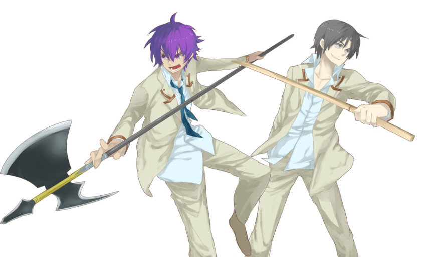 2boys angel_beats! fujimaki_(angel_beats!) halberd male multiple_boys necktie noda_(angel_beats!) polearm purple_hair school_uniform shirasaya subaru_(hz) weapon