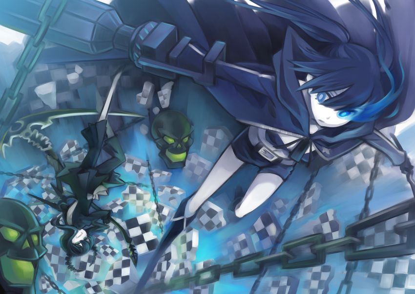 absurdres arm_cannon belt bikini_top black_hair black_rock_shooter black_rock_shooter_(character) blue_eyes boots chain coat curly_hair dead_master glowing glowing_eyes green_eyes highres lastswallow long_hair midriff multiple_girls pale_skin scythe shorts skull twintails weapon