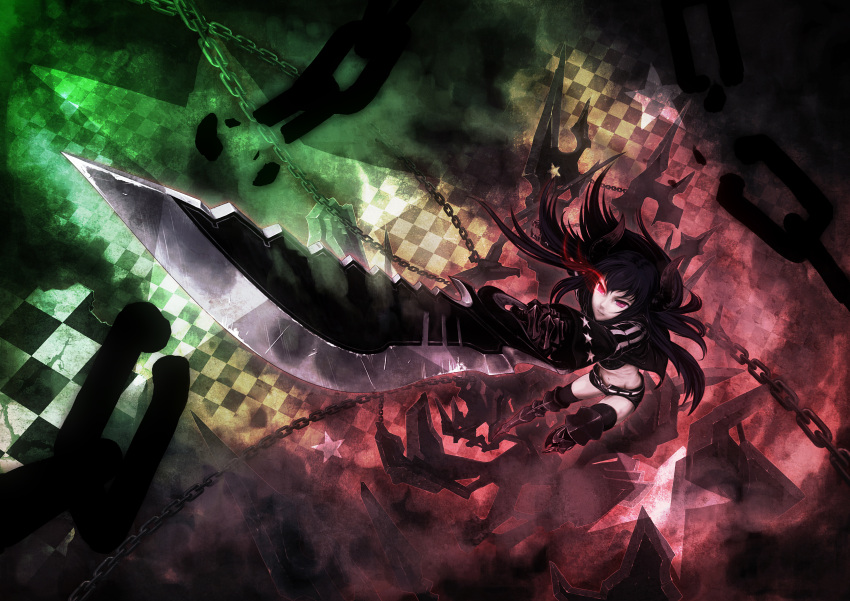 black_gold_saw black_hair black_rock_shooter chain checkered foreshortening glowing glowing_eyes highres horns midriff red_eyes shorts solo sword un weapon