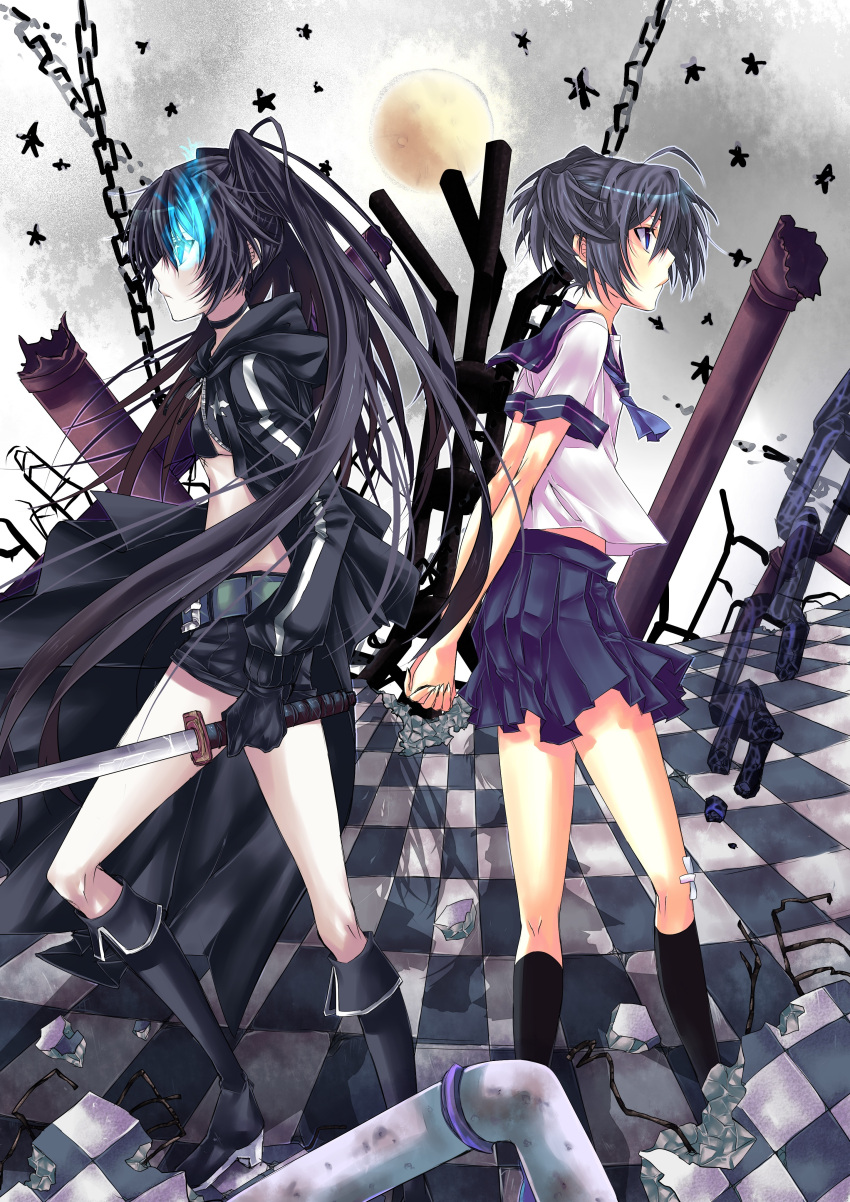 :&lt; absurdres arms_behind_back back-to-back belt bikini_top black_hair black_rock_shooter black_rock_shooter_(character) blue_eyes boots chain checkered checkered_floor coat gloves glowing glowing_eyes highres knee_boots kneepits kuroi_mato long_hair multiple_girls naridon scar school_uniform serafuku shadow short_hair short_twintails shorts skirt star sword twintails very_long_hair weapon